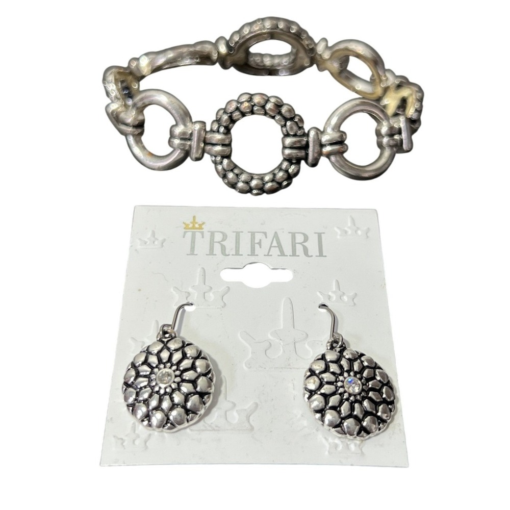 TRIFARI Silver Tone Pebbled Link Toggle Bracelet & Dangle Earring Set New